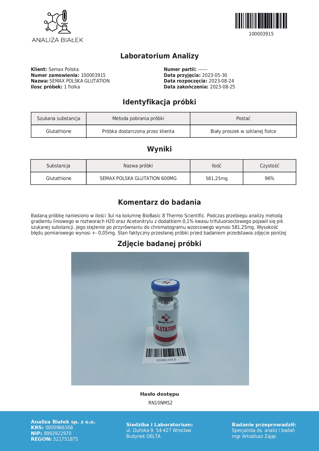 Glutathione tad 600 certificate